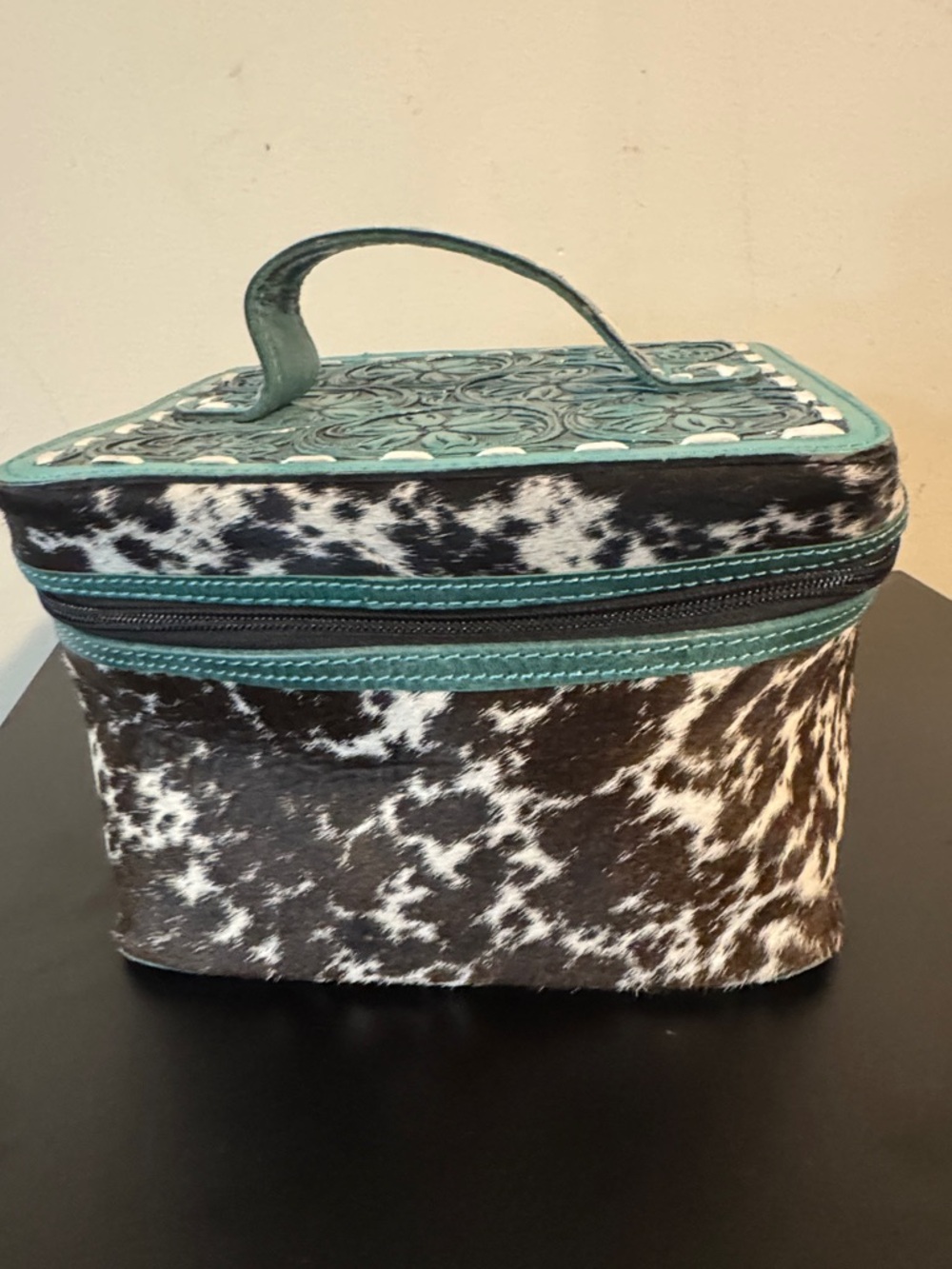 Western Linens cowhide Cosmetic Case with Turquoise Trim